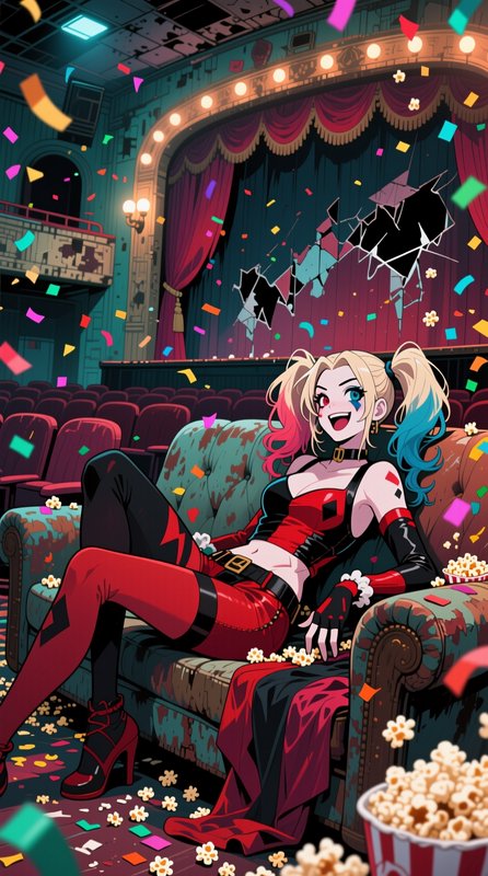 Anime Harley Quinn lounges on a worn couch in a run-down theater as confetti and popcorn rain dow...