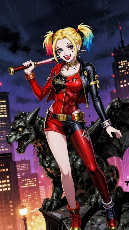 Anime style Harley Quinn holding a bat, standing beside a stone gargoyle on a rainy Gotham roofto...