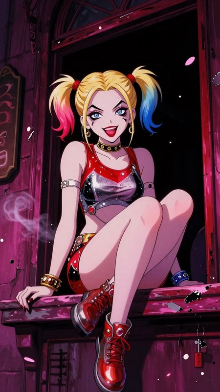 Anime-style Harley Quinn sits grinning on a weathered purple window ledge, with her signature pin...