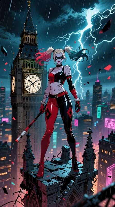 Anime-style Harley Quinn holding a mallet stands on a crumbling gothic rooftop during a lightning...