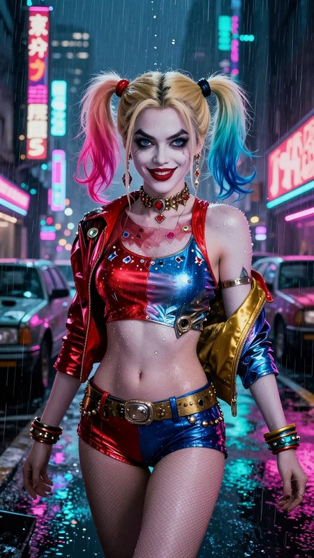 Harley Quinn with pink-blue tipped pigtails stands on a rain-soaked neon city street at night