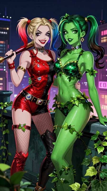 Anime fan art of Harley Quinn and Poison Ivy embracing on a neon lit Gotham rooftop at night