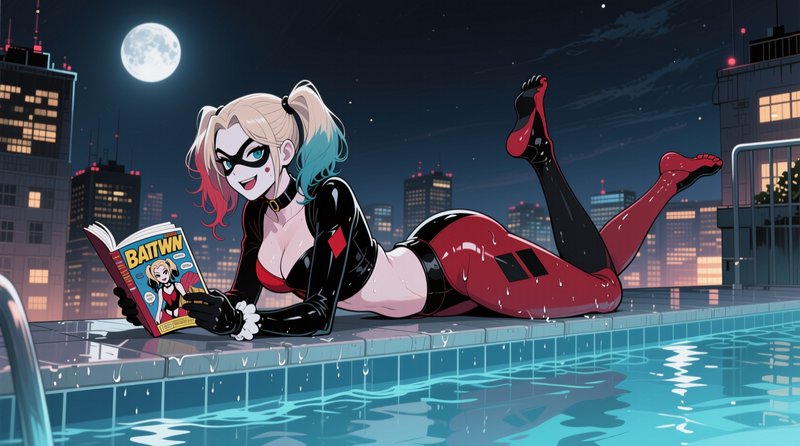 Anime style illustration of Harley Quinn laying on a rooftop pool edge reading a comic under a fu...