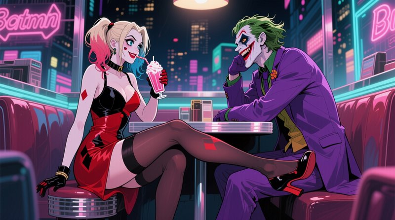 Anime-style Harley Quinn and Joker share a playful date at a neon-lit retro Gotham diner, Harley ...