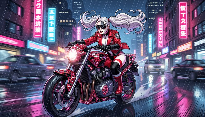 Anime biker girl with white twin tails rides a jeweled red motorcycle through a rainy neon-lit ci...