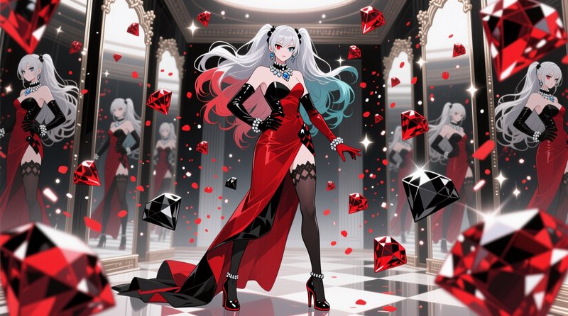 Anime heterochromia woman in a red and black evening gown stands in a mirrored ballroom surrounde...