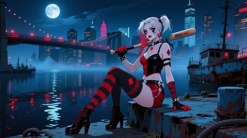 Anime style Harley Quinn sits on a moonlit NYC waterfront dock holding her signature baseball bat...