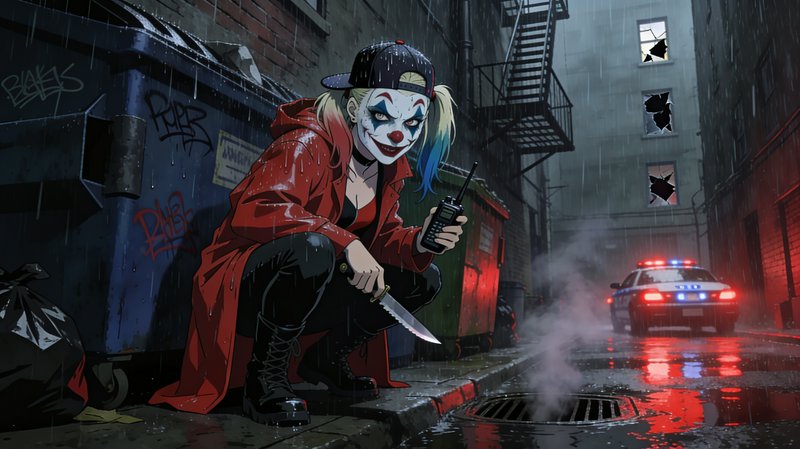 Stylized anime clown villain crouches in rainy urban alley holding a knife and walkie talkie as p...