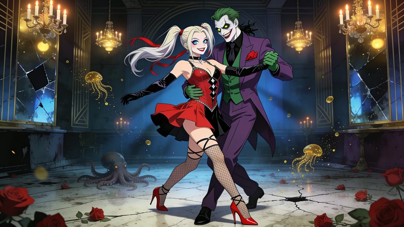 Anime-style illustration of Harley Quinn and the Joker dancing in a decaying lavish gothic ballroom.