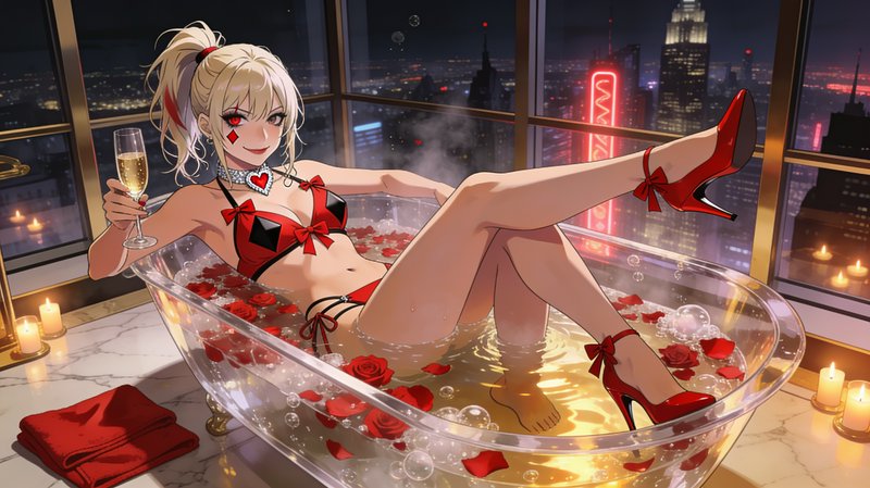 Blonde anime character relaxing in a rose petal bath with champagne, overlooking a glowing neon n...