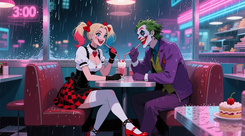 Anime style Harley Quinn and Joker sharing a milkshake at a neon lit retro 1950s diner on a rainy...