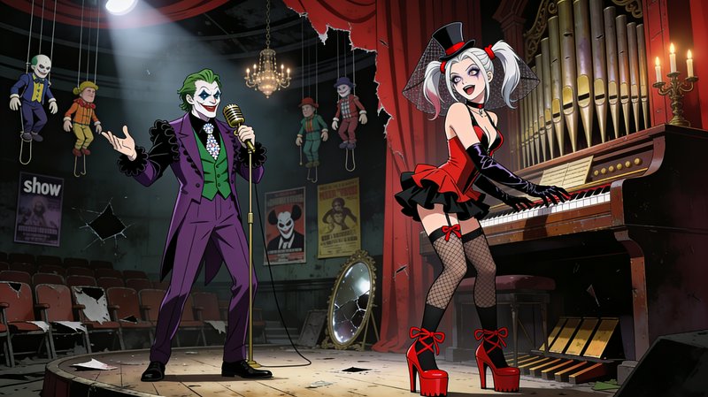 Anime Joker sings into a vintage mic while Harley Quinn plays piano on a run-down cabaret theater...