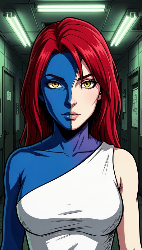 Comic style split portrait of Mystique, half blue mutant half human, standing in a fluorescent li...