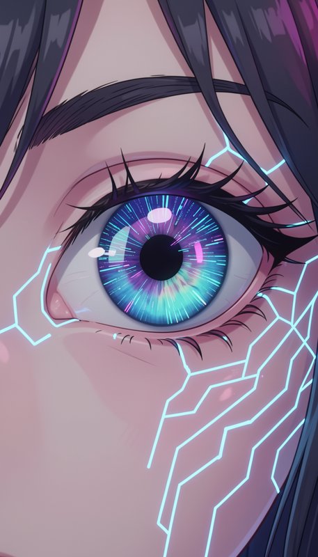 Close-up of a cyberpunk anime character's glowing gradient eye, with bright neon cyan circuit pat...