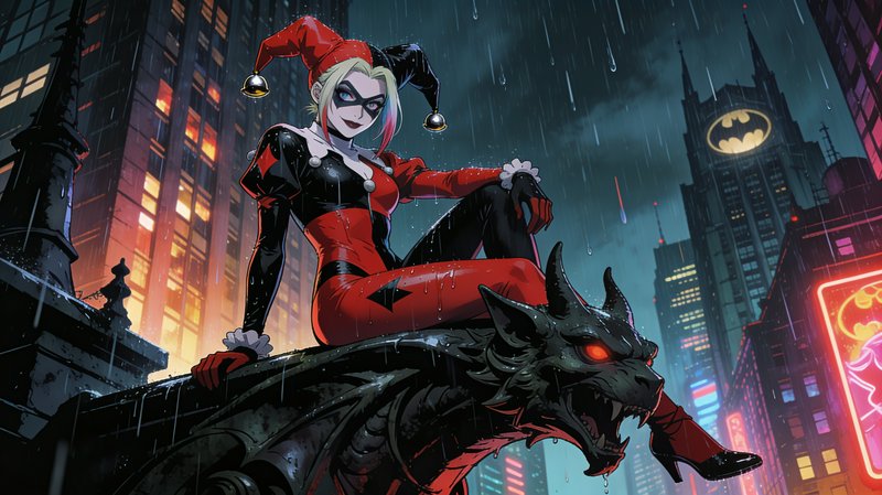 Harley Quinn perches on a stone gargoyle overlooking rainy Gotham City at night, with the glowing...