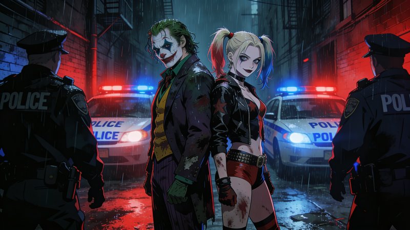 Anime style Joker and Harley Quinn stand back to back facing police officers and flashing squad c...