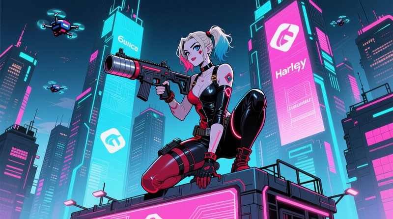 Anime-style cyberpunk Harley Quinn crouches on a neon skyscraper rooftop holding a futuristic rif...