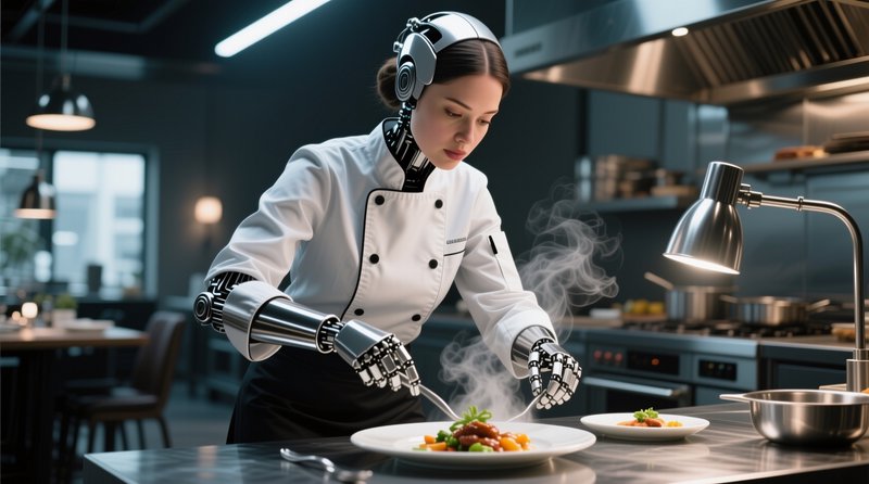 Female cyborg chef with robotic limbs plates steaming gourmet dishes in a sleek modern profession...