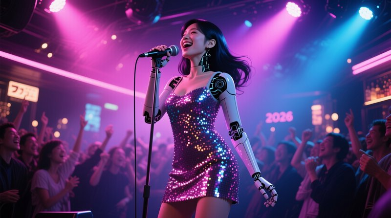 Cyborg female singer performs with a microphone under pink and blue neon stage lights for a cheer...