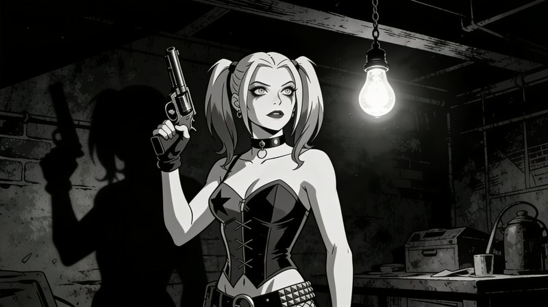 [Monochrome anime-style Harley Quinn holds a revolver, lit by a hanging bare bulb in a gritty dim basement, casting a shar...