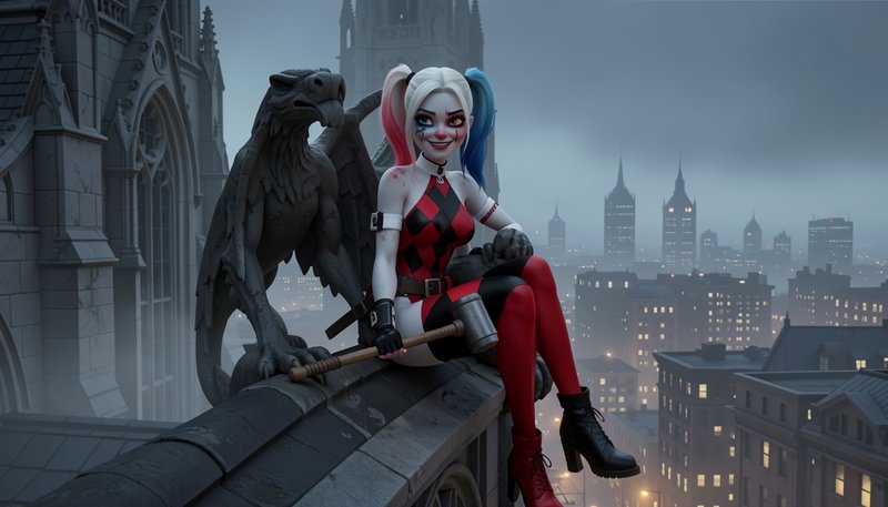Stylized Harley Quinn sits on a gothic cathedral rooftop next to a stone gargoyle, holding her ma...