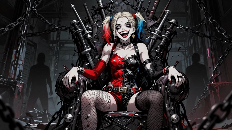 Menacing grinning Harley Quinn sits on a weapon and chain throne inside a dark shadowy industrial...