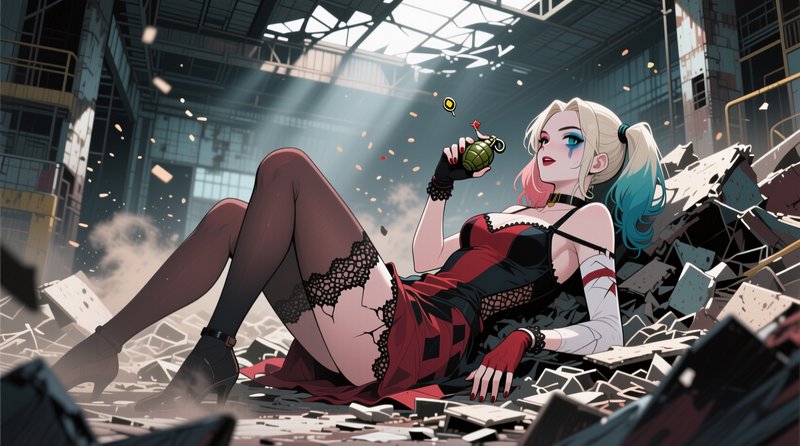 [Anime style Harley Quinn reclines on rubble holding a primed grenade inside a sunlit destroyed industrial warehouse.]