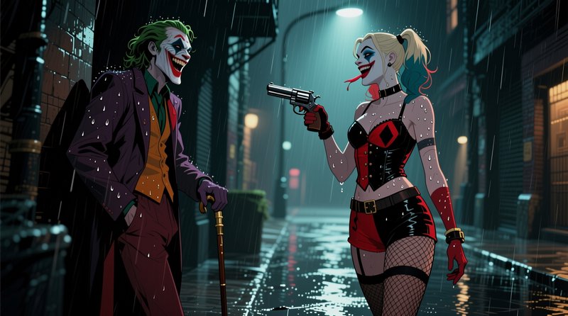 Stylized illustration of Joker and Harley Quinn laughing together on a rain-soaked dark Gotham al...