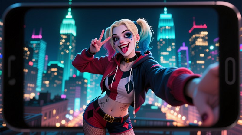 [3D stylized Harley Quinn makes a peace sign taking a silly selfie, viewed through a smartphone frame over a neon night ci...