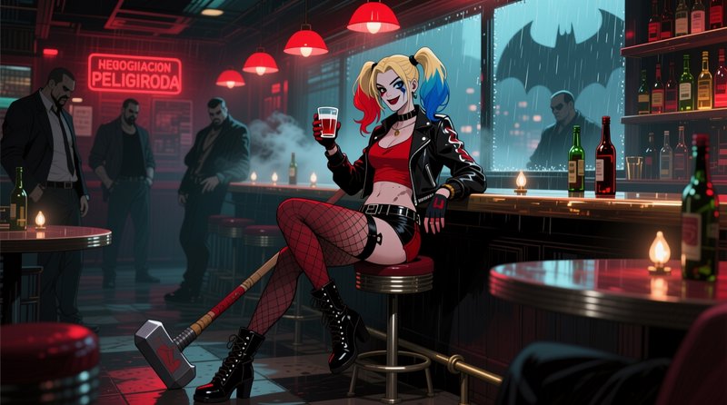 [Anime style Harley Quinn sits at a moody neon Gotham bar holding a drink, her mallet beside her, bat signal visible outsi...