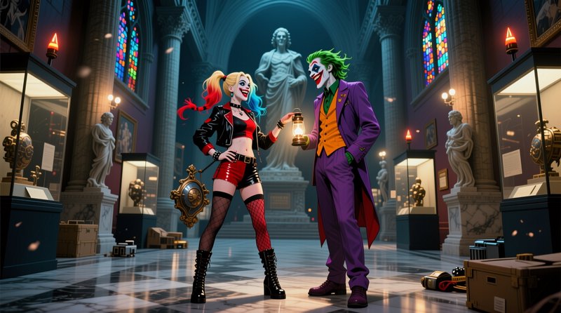 Harley Quinn and Joker share a glowing lantern while standing face-to-face inside an ornate gothi...
