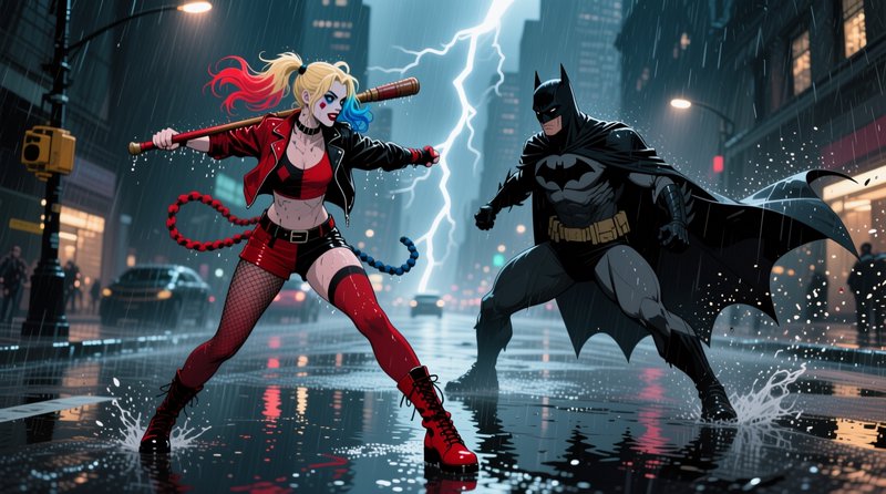 Harley Quinn holds a bat in a fighting stance facing Batman on a rain-soaked Gotham street under ...