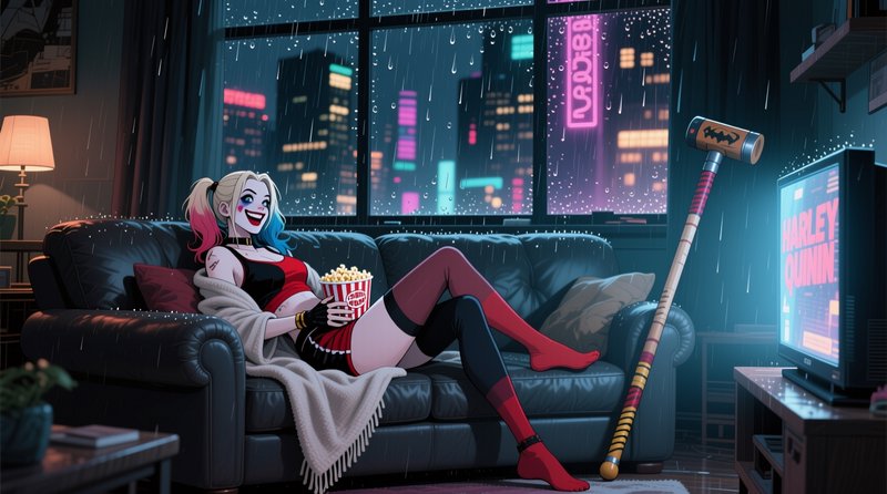Harley Quinn relaxes on a leather couch with popcorn watching TV during a rainy neon Gotham night