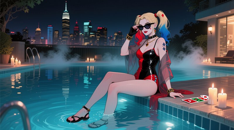 Glamorous Harley Quinn sits on a candlelit rooftop pool edge at night, adjusting sunglasses with ...
