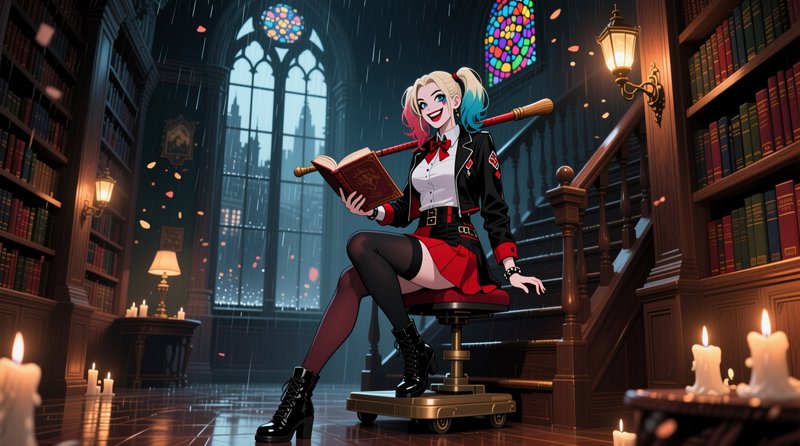 Anime-style Harley Quinn sits reading a leather book, mallet slung over her shoulder, in a candle...