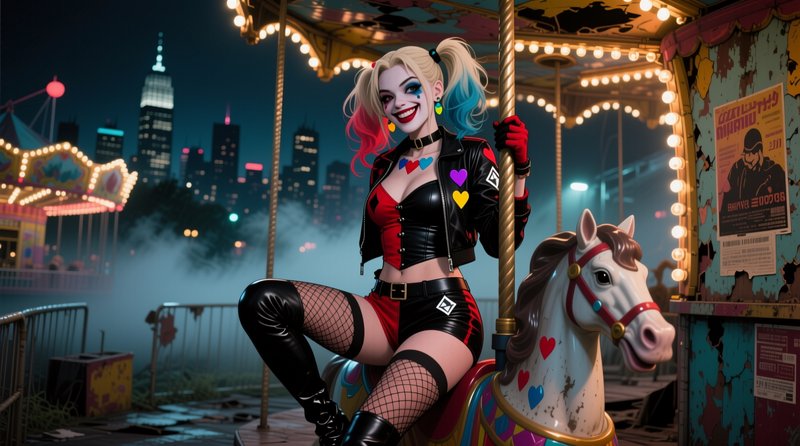 Harley Quinn grins while seated on a weathered carousel horse at a foggy nighttime carnival overl...