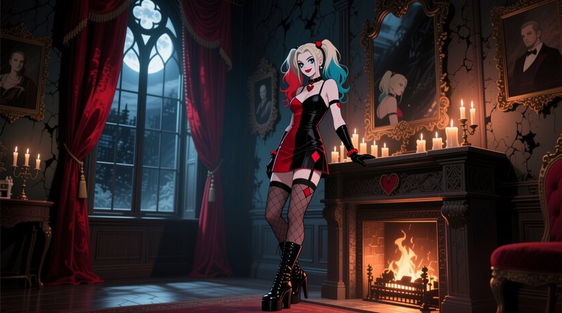 Anime style Harley Quinn stands in a dim gothic Victorian manor beside a glowing lit fireplace at...