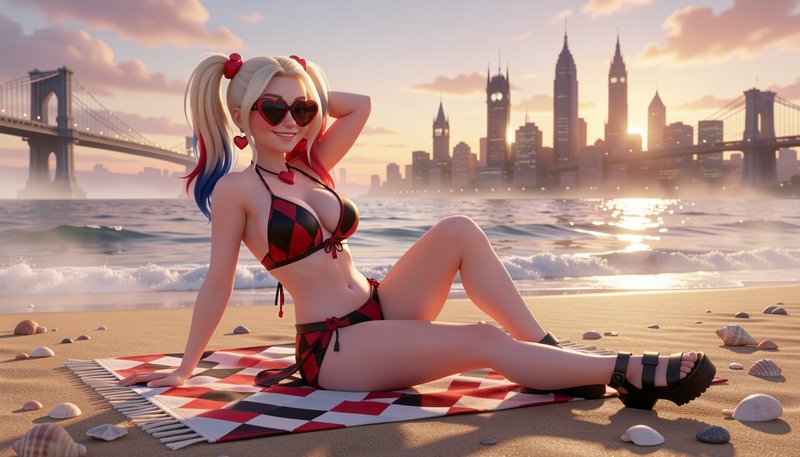 Stylized 3D Harley Quinn relaxes on a sandy beach blanket, with NYC skyline and golden sunset oce...