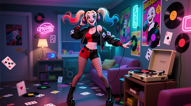Stylized 3D Harley Quinn wears headphones, dancing happily in a neon-lit retro music room lined w...