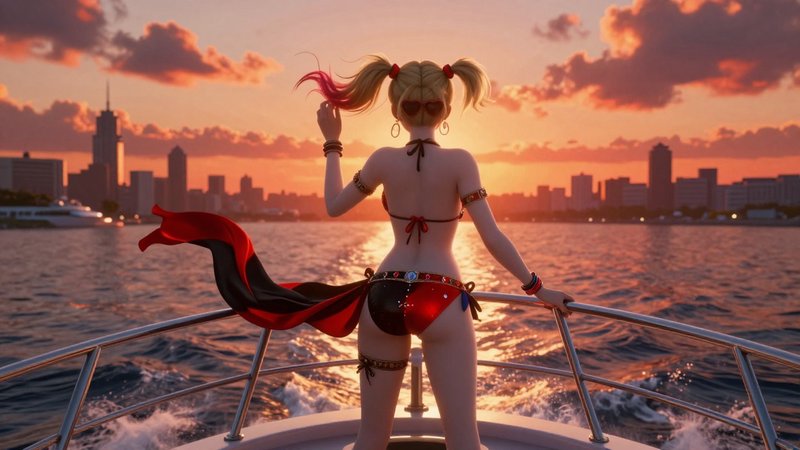 Back view of Harley Quinn in a split red-black bikini standing on a yacht bow watching sunset ove...