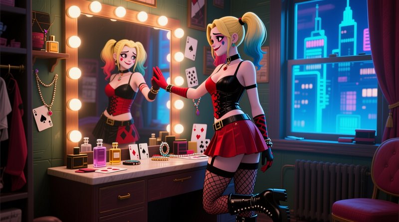 Stylized 3D Harley Quinn playfully high-fiving her reflection at a lit backstage dressing room va...