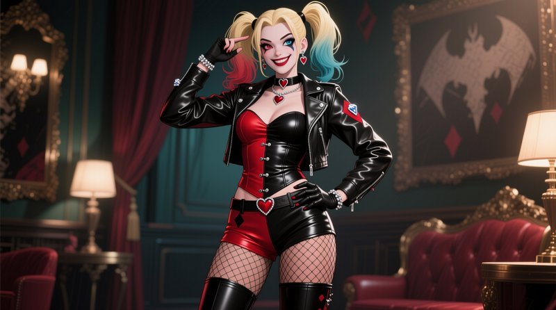 Stylized anime Harley Quinn poses confidently in a vintage luxury parlor, wearing her iconic red and black split outfit.