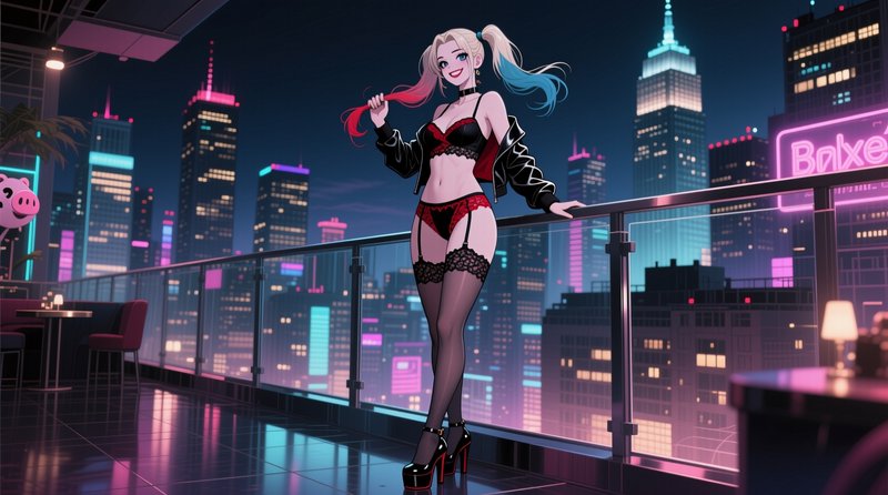 Anime style Harley Quinn stands on a neon rooftop bar overlooking a glowing night city skyline