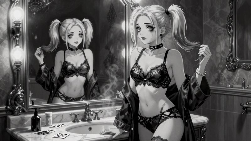 Pensive anime girl with blonde twin pigtails stands in lace lingerie before an ornate bathroom mirror