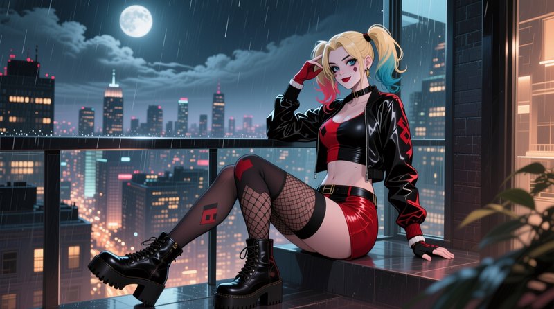 Harley Quinn sits on a high-rise balcony overlooking rainy Gotham under a bright full moon