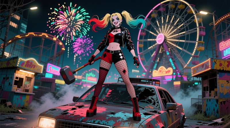 Harley Quinn stands on a graffiti-splattered car holding her mallet at a neon night carnival with bursting fireworks