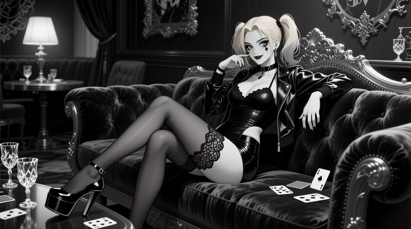Harley Quinn inspired anime character reclines on an ornate velvet couch in a dark monochrome lounge