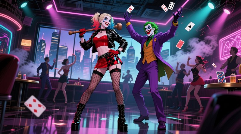 Harley Quinn holds her mallet beside Joker, who tosses playing cards in a glowing neon nightclub with dancing partygoers.