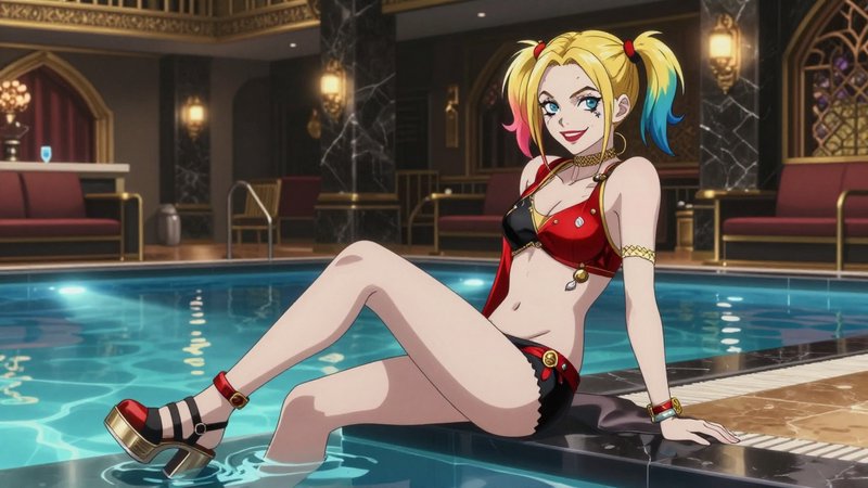 Anime Harley Quinn sits smiling on the edge of a gilded luxury indoor swimming pool