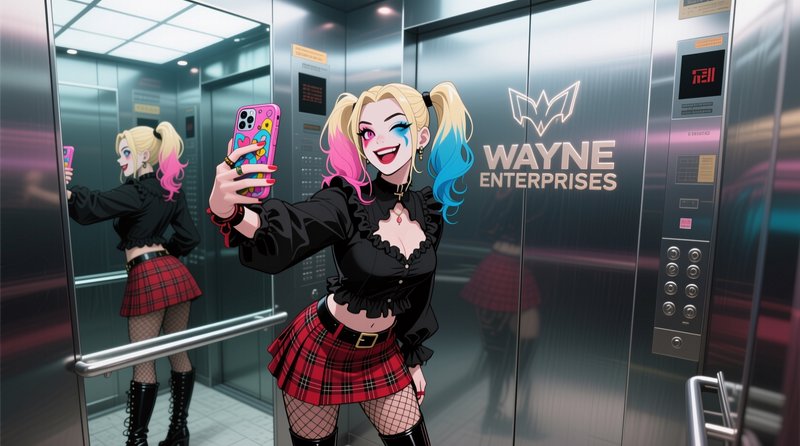 Harley Quinn taking a selfie with a colorful phone inside a sleek Wayne Enterprises elevator